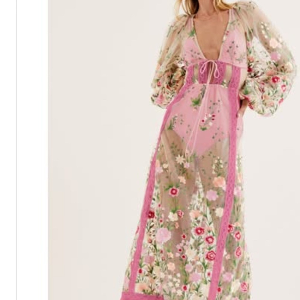 For Love And Lemons Pink Plunge Maxi Dress with Bishop Sleeves